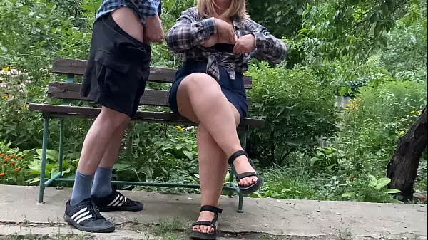 Big Cock Cumshot On Her Tits In The Park On A Bench