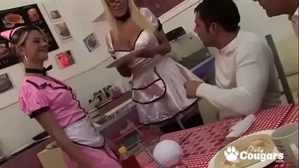 Waitress With Giant Phony Tits Serves Up Her Pussy