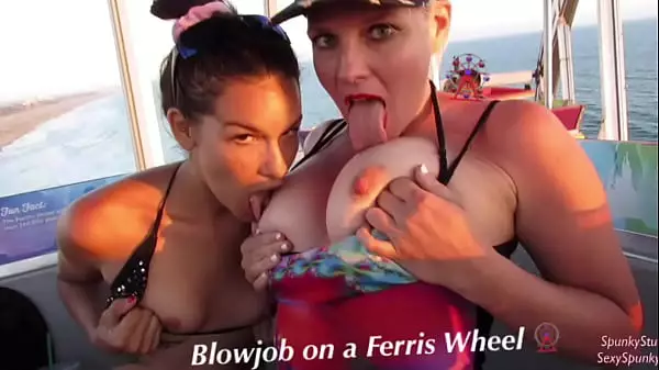 Must See! Risky Public Double Blowjob On A Ferris Wheel With Teen & Milf