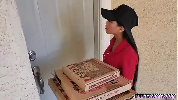 Two Horny Teens Ordered Some Pizza And Fucked This Sexy Asian Delivery Girl.